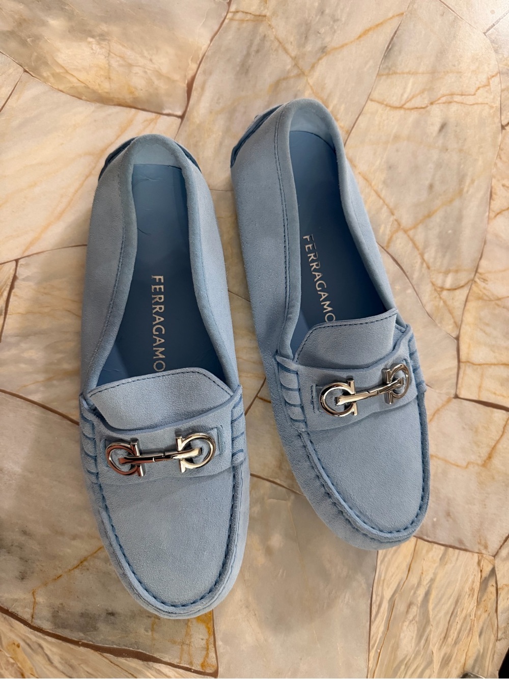 Salvatore Ferragamo Light Blue Suede Horsebit Loafers